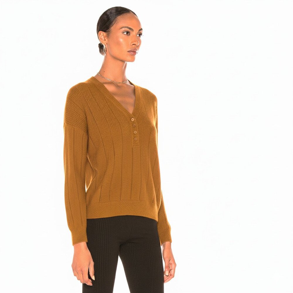 NWT 27 MILES MALIBU Fernanda Boxy Pullover in Honey Cashmere Henley Sweater XS